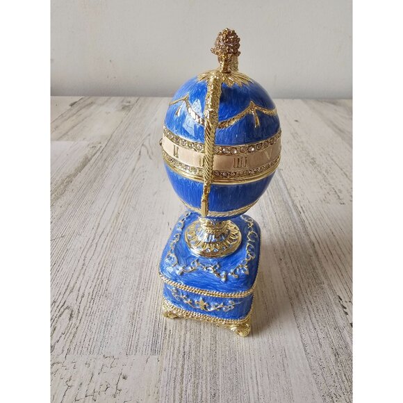 Toscano Katyas Blue trophy egg trinket box hinge jewelry gold rhinestone new - Picture 4 of 8
